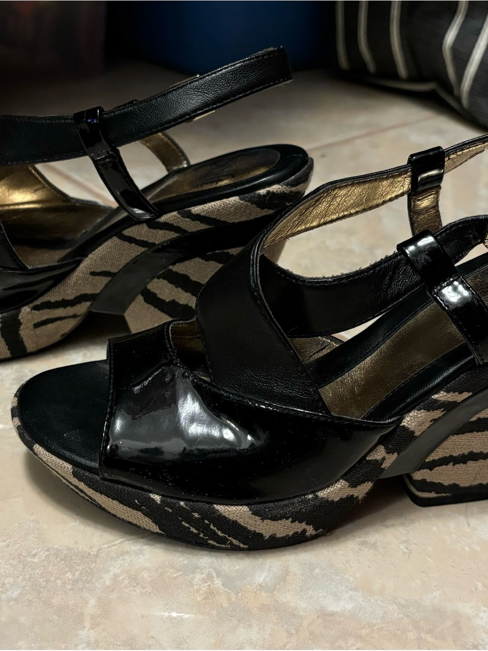 Sofft Black Patent & Zebra-Print Wedge Sandals